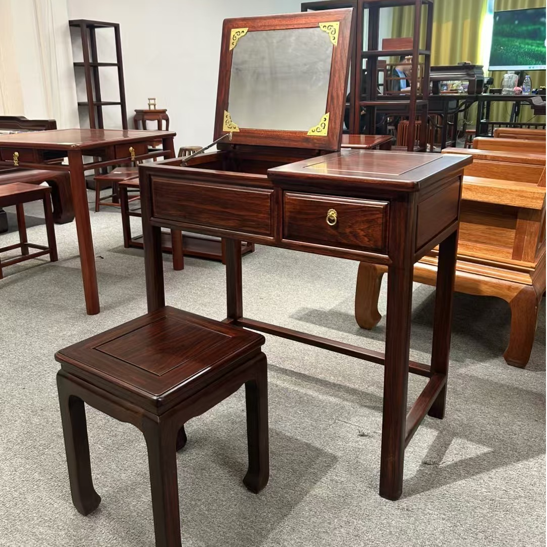 客厅卧室轻奢木镜梳妆台化妆镜一桌一凳带抽屉木家用桌椅实木高端