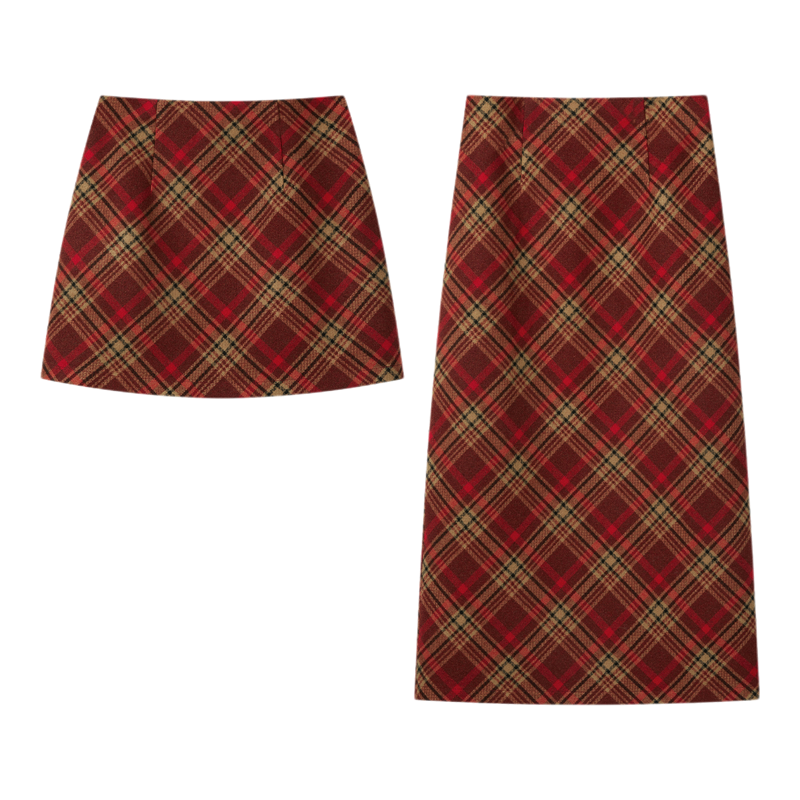 羊城故事-美式复古格纹高腰半身裙显瘦百搭毛呢A字裙Y51155645HJ