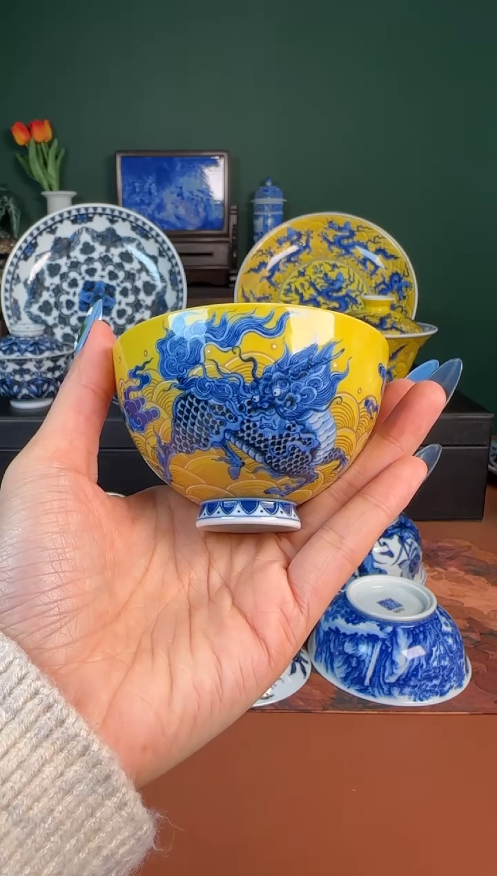 【闪购商品】杯水造 青花黄釉 麒麟杯杯 