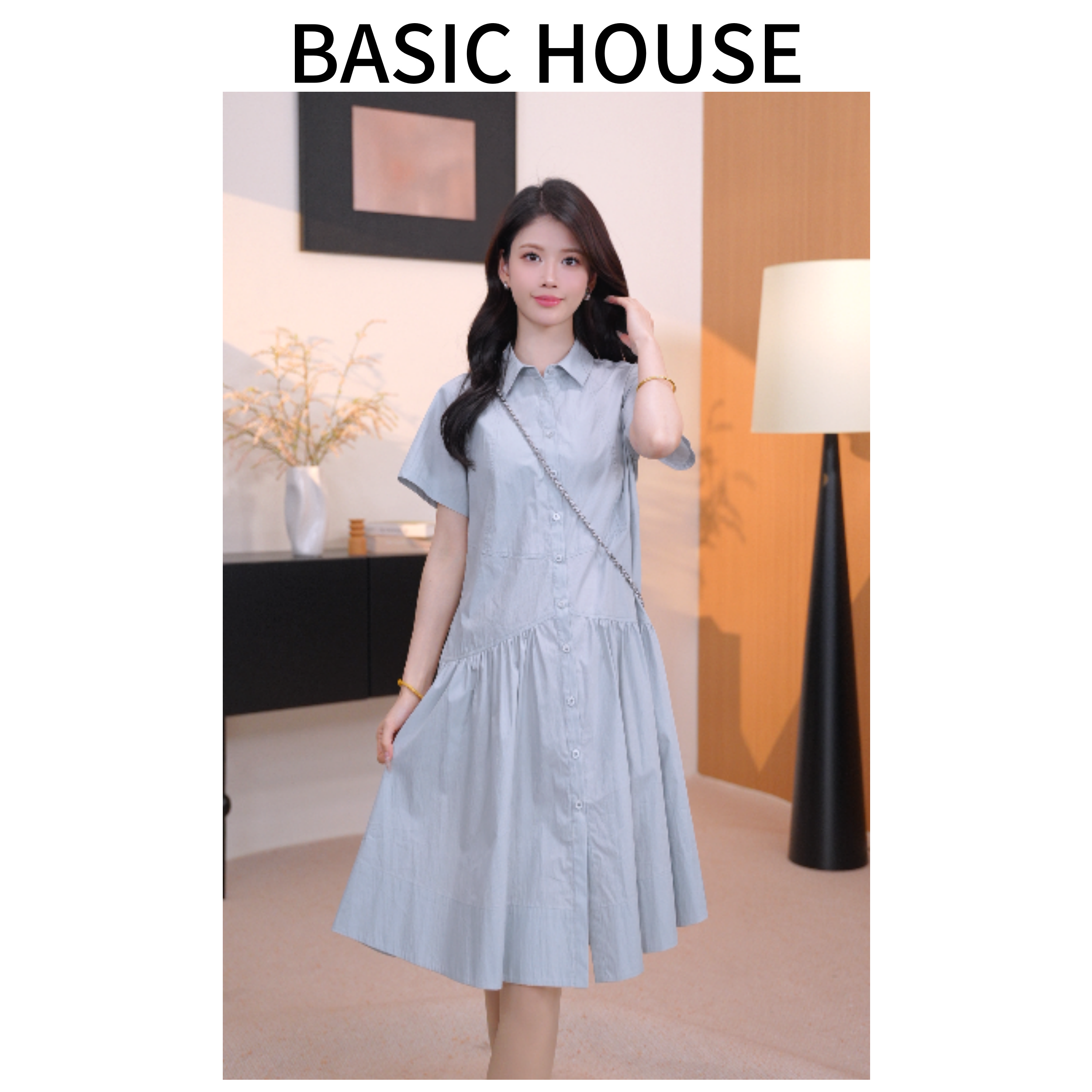 Basic House/百家好夏季新款减龄显瘦透气收腰短袖打褶连衣裙女YZ