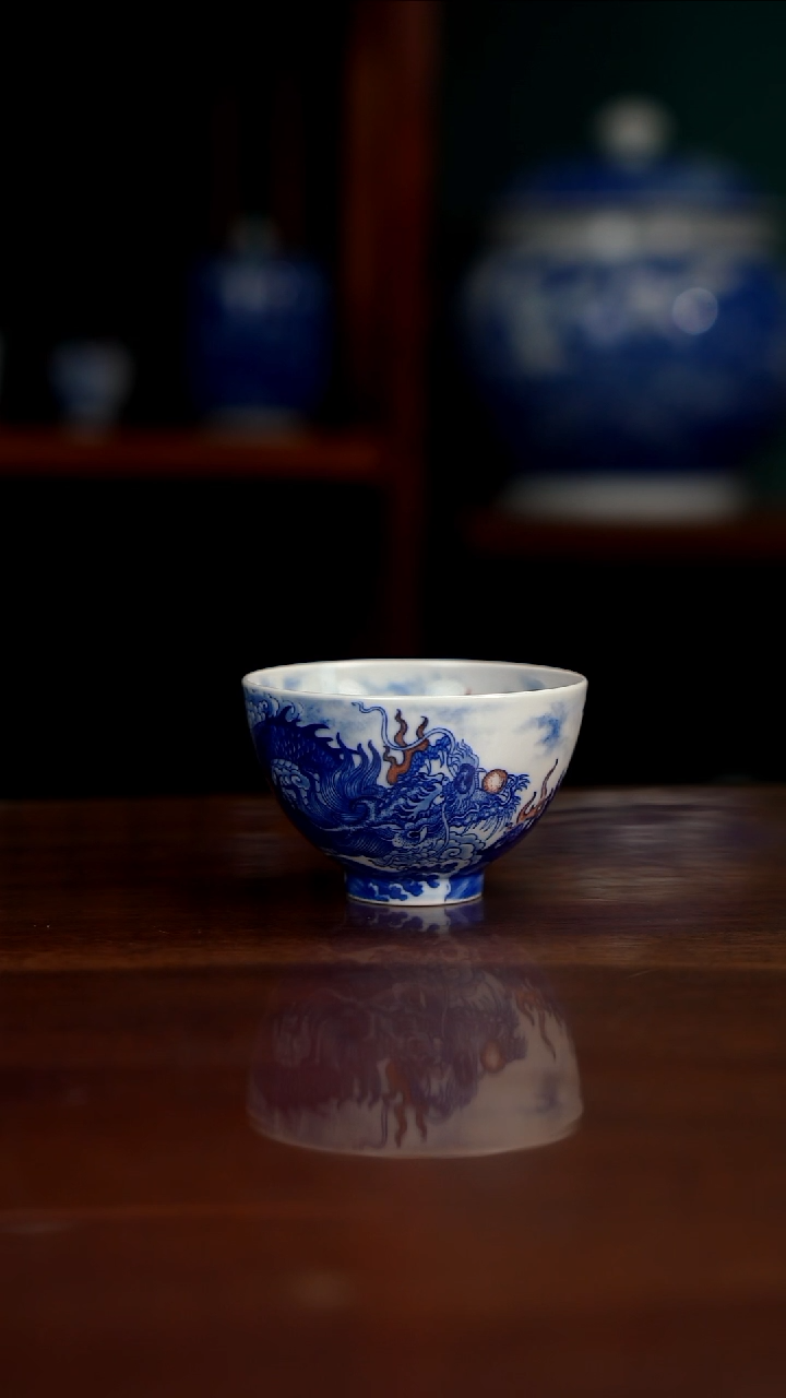 自成堂柴窑 青花釉里红 双龙