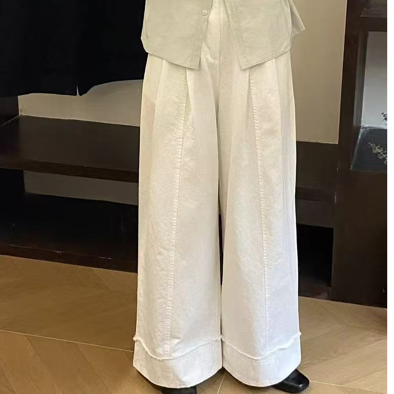 拼接纯色阔腿裤高腰长裤休闲裤宽松女士夏季显瘦西装白色休闲