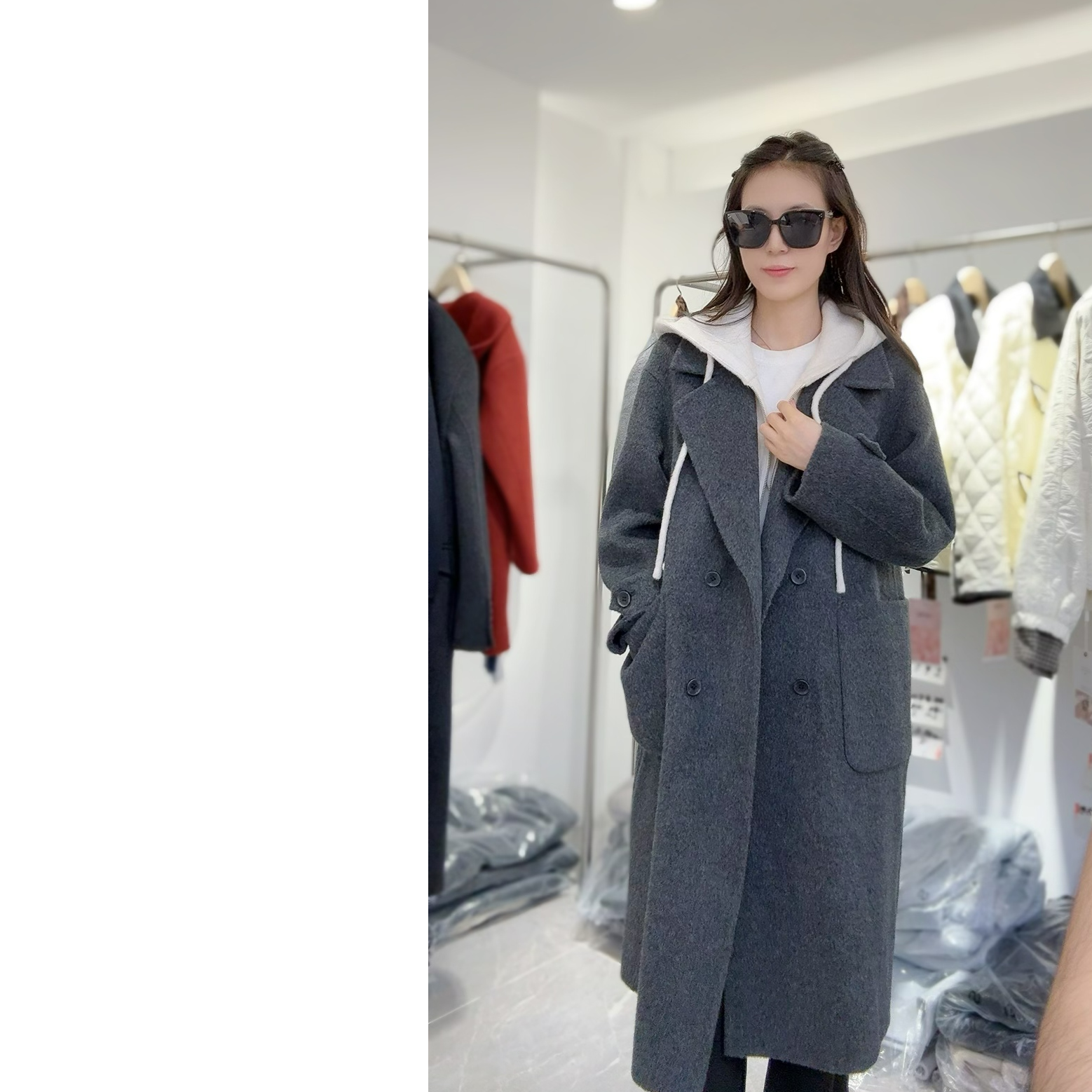 乔家女士长款带帽双面尼大衣（不可水洗）