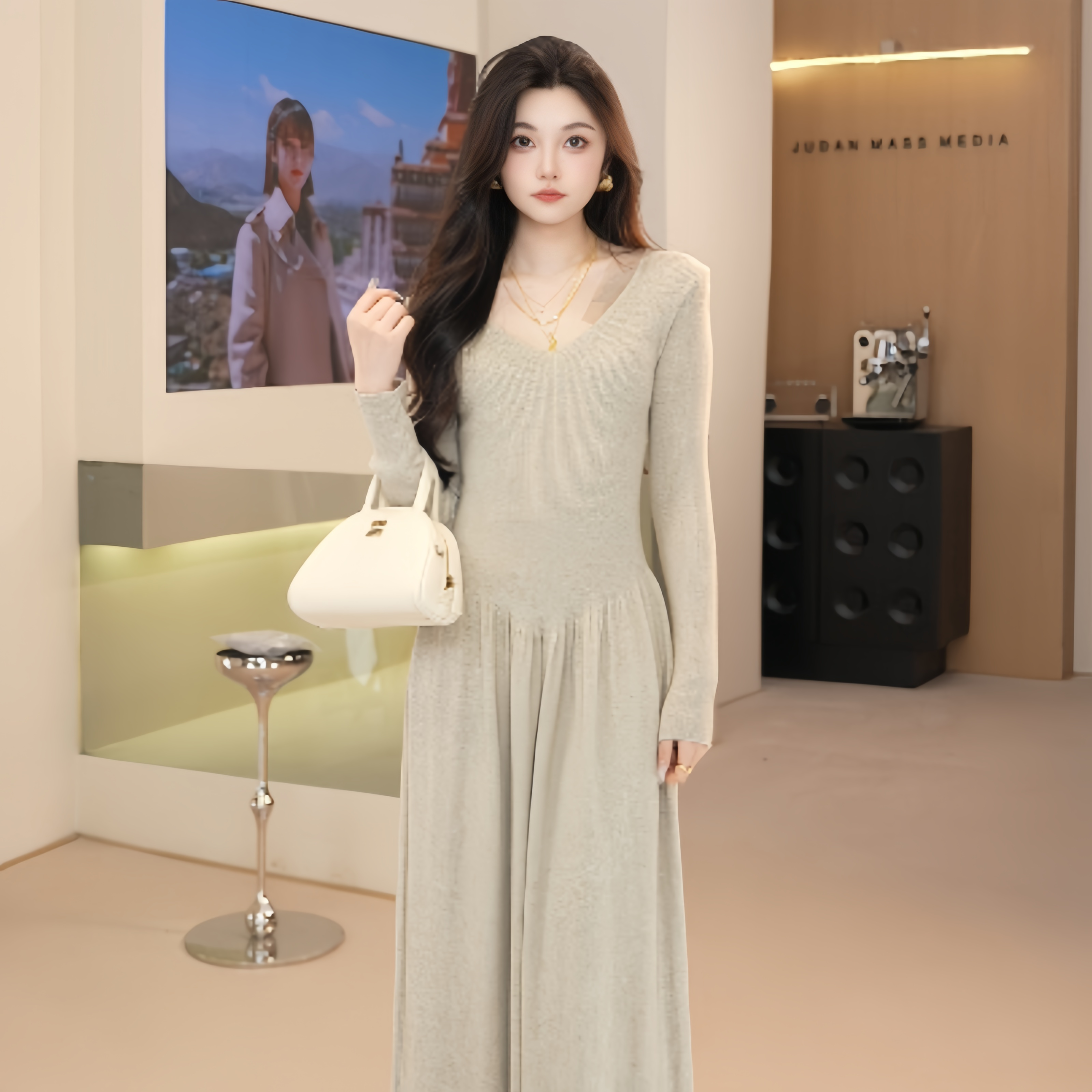 Basic House/百家好HY修身显瘦法式赫本针织裙秋冬百搭长款连衣裙