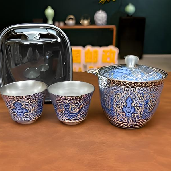 KK0659-天命玄鸟鎏银一壶两杯旅行茶具