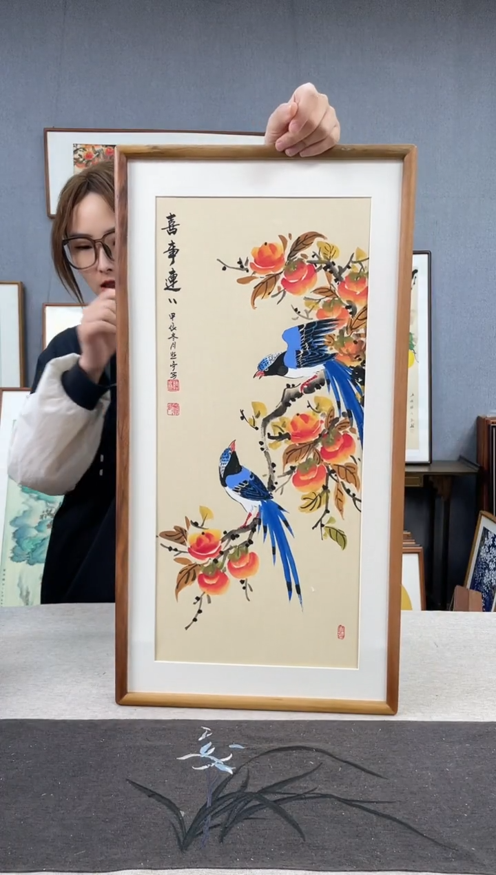 【闪购商品】国画贺照亭-纯手绘带框作品-35*68-柿子