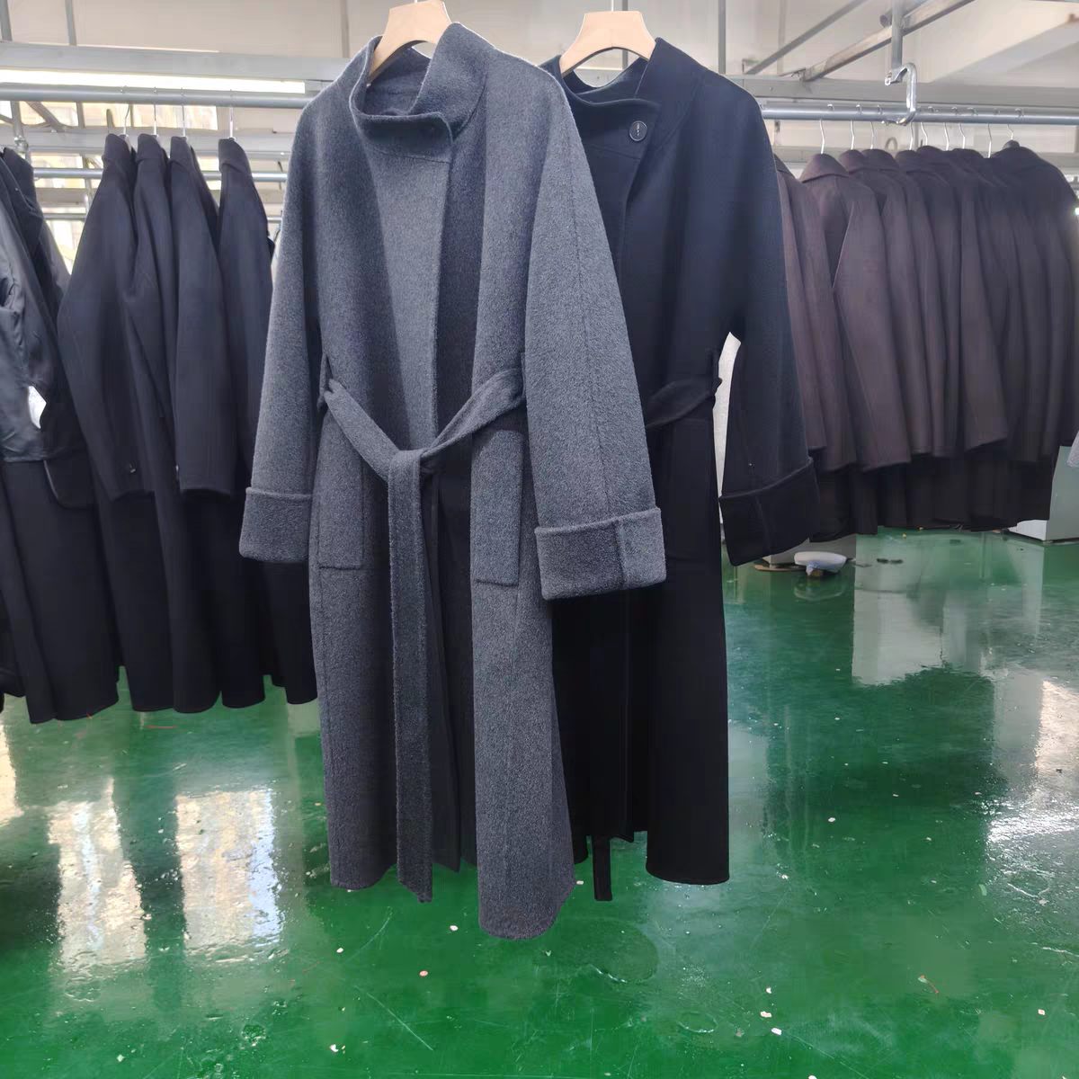 秋冬新款 韩系双面手缝羊绒大衣立领气质款系腰带外套