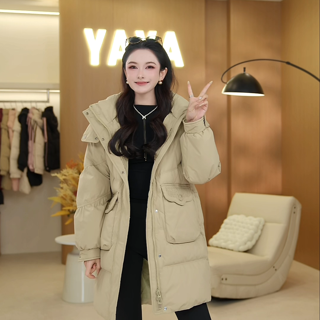 YAYA/鸭鸭拉链时尚中长款加厚韩版连帽仙女风羽绒服YE3B635615L