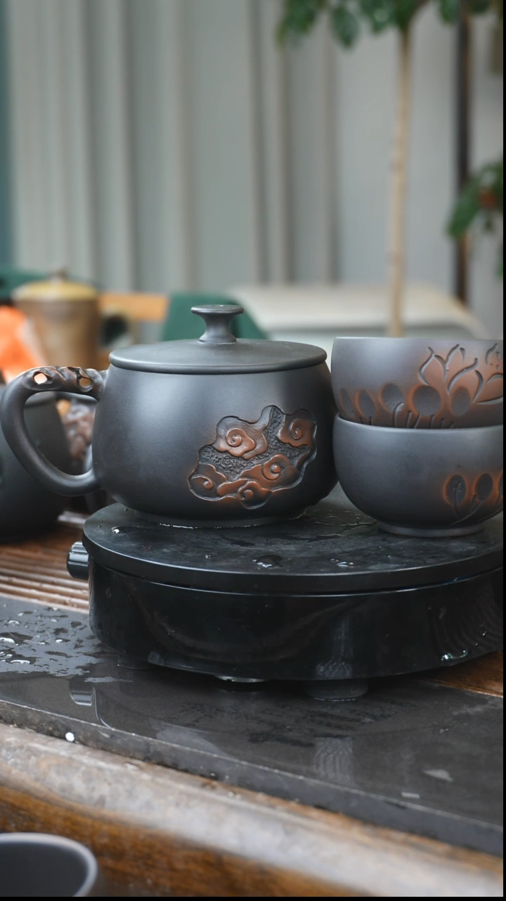 【闪购商品】浮雕竹纹球孔一壶3竹节杯玻璃办公杯