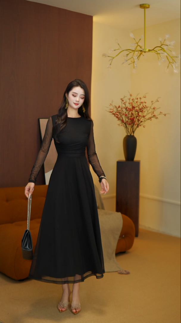 LILYAN【如烟】温柔风修身连衣裙显瘦秋季连衣裙御姐洋气网纱长裙
