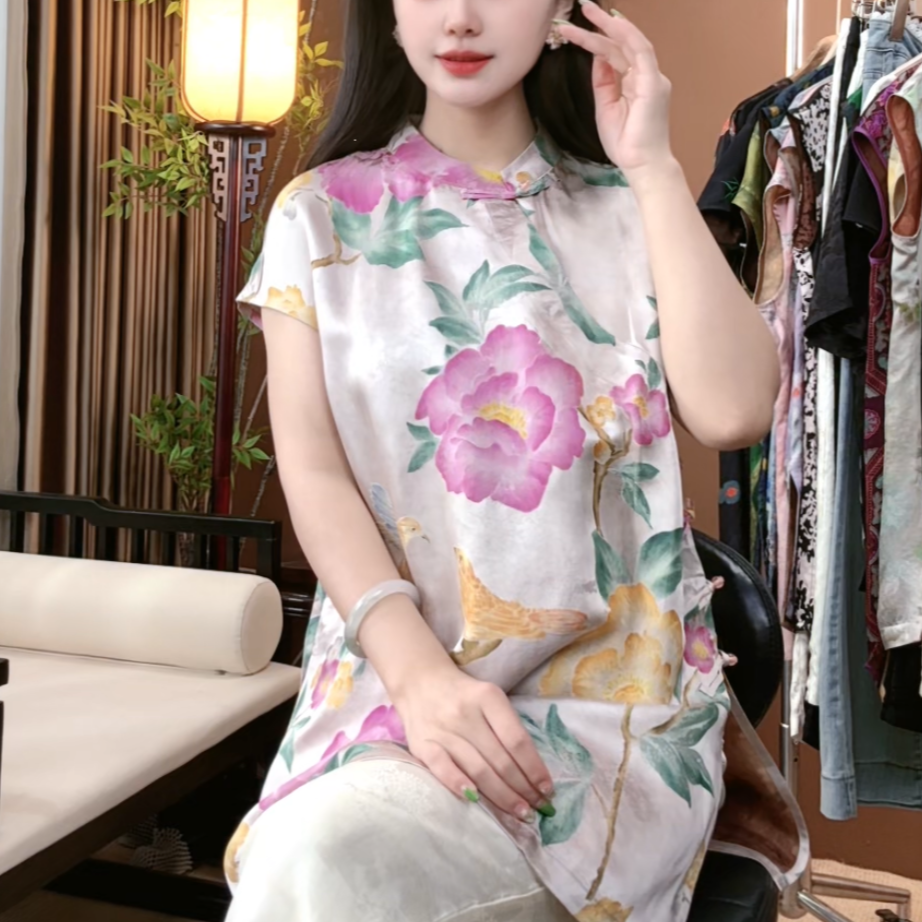 2025夏季新中式桑蚕丝短袖新款时尚显瘦百搭中国风上衣女S152