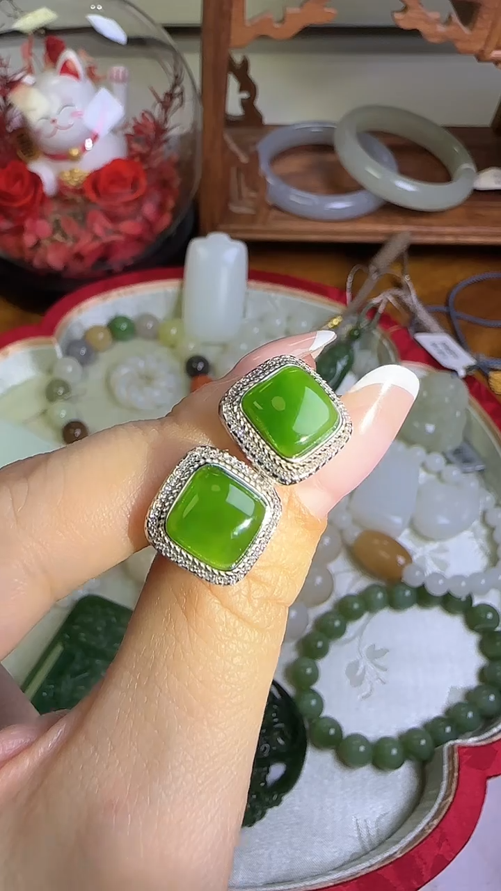 银S925镶嵌和田玉耳钉JY1129-88