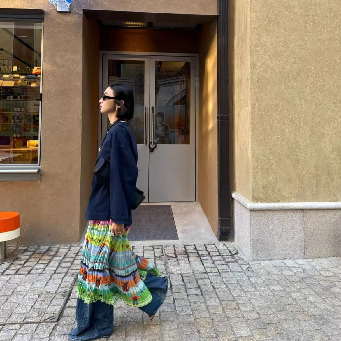 XiHaoKan2025春夏设计师款印花假两件长袖连衣裙ins拼接