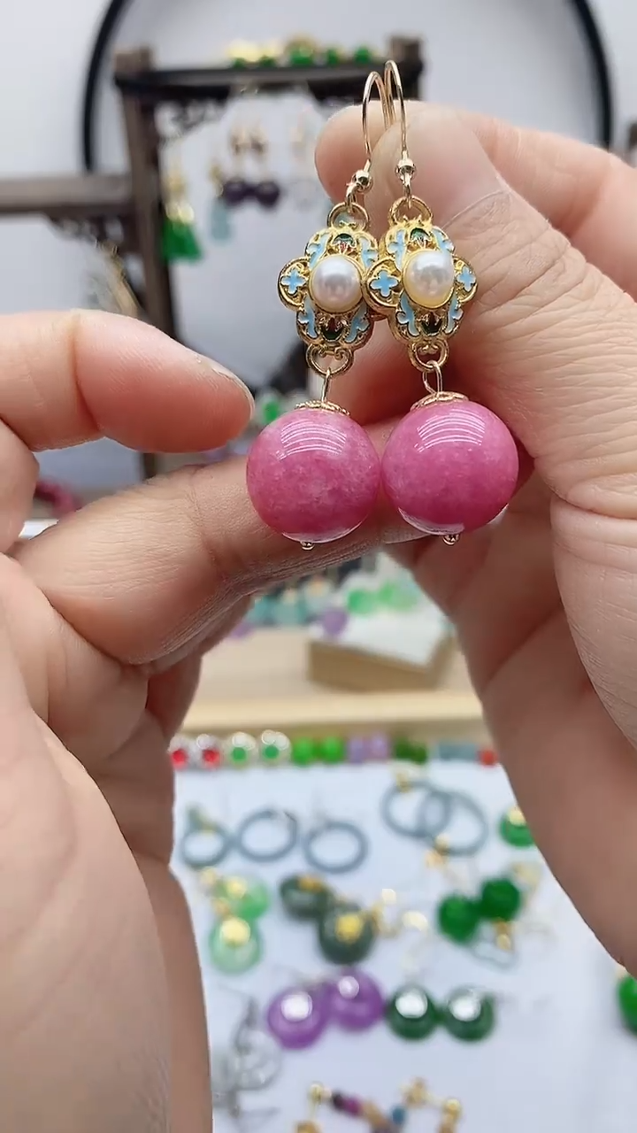 14K金镶嵌菱锰矿（红纹石）耳饰55