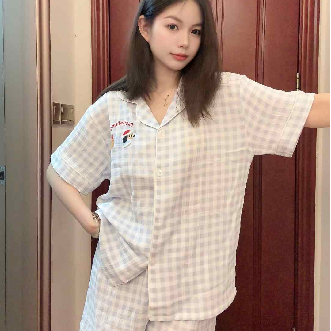 【宅家女孩】2025睡衣女新款棉纱卡通可爱短袖短裤可外穿家居服套装