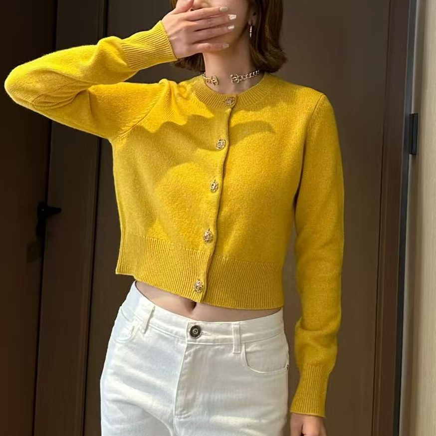 99新 Chanel/香奈儿 40码24A姜黄色长袖针织羊绒开衫，