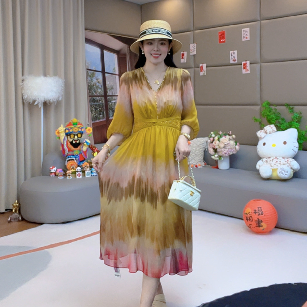 【火火精选】“金缎”法式洋气温婉大方纯欲慵懒风桑蚕丝连衣裙 80047