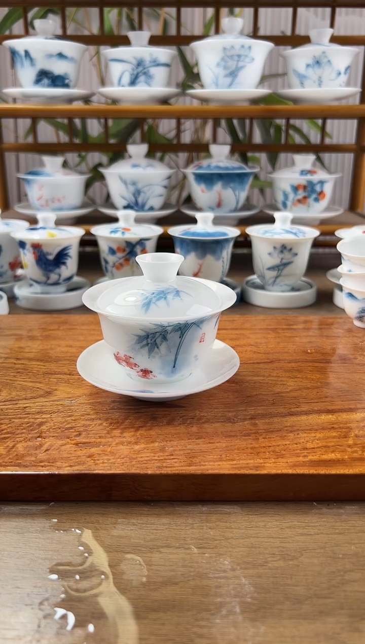 微瑕高冰鱼之乐130ml三才盖碗