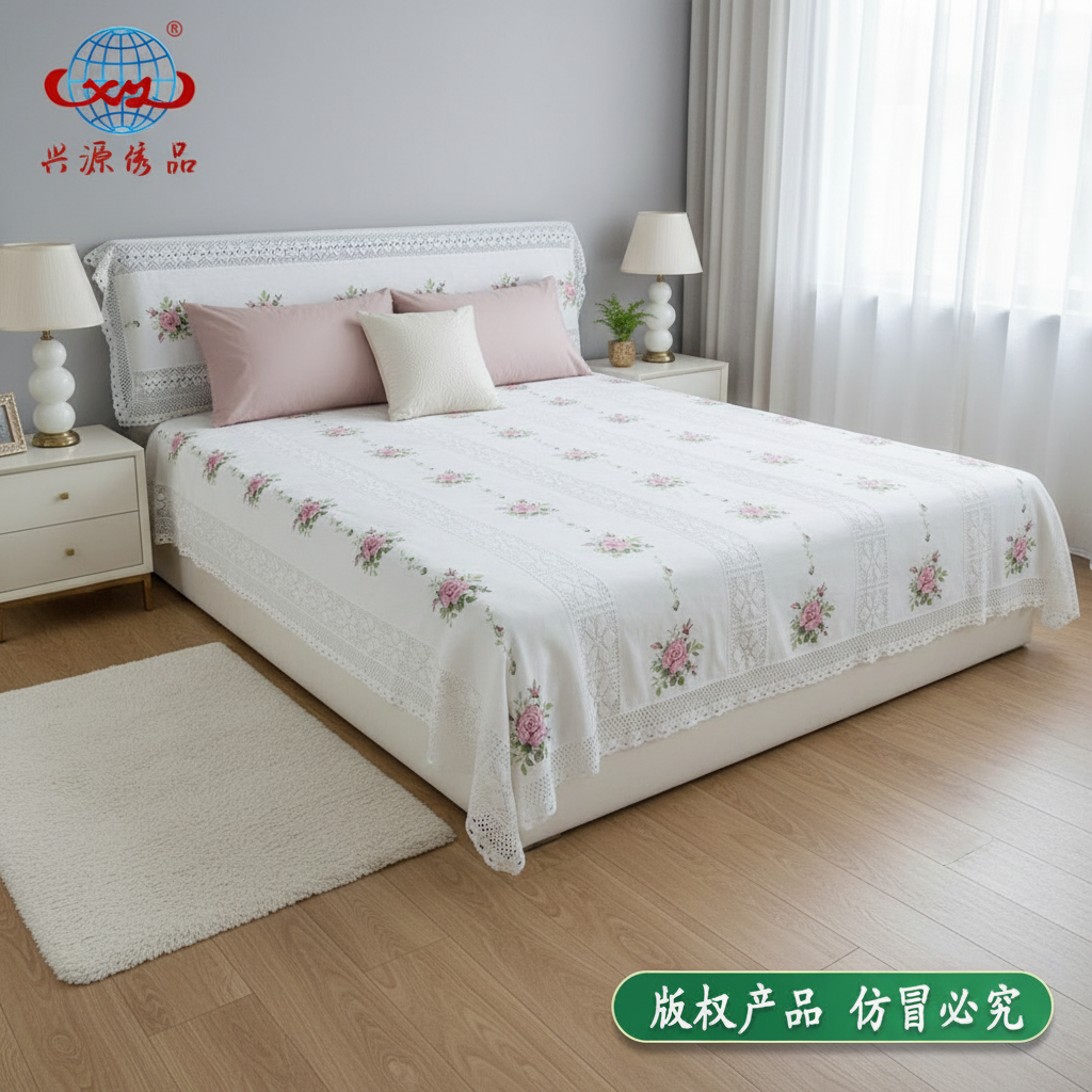 【床盖】429白色床盖十字绣花棉线加厚轻奢床盖