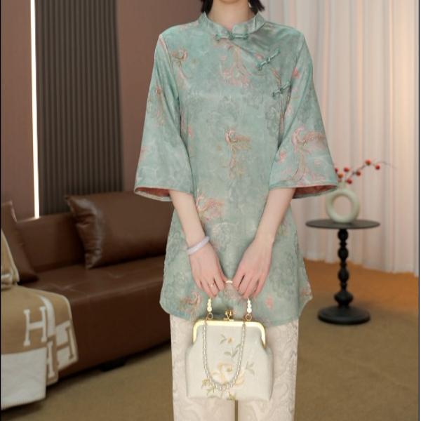 【108-凤凰于飞】2026春夏新款显瘦新中式宽松上衣七分袖