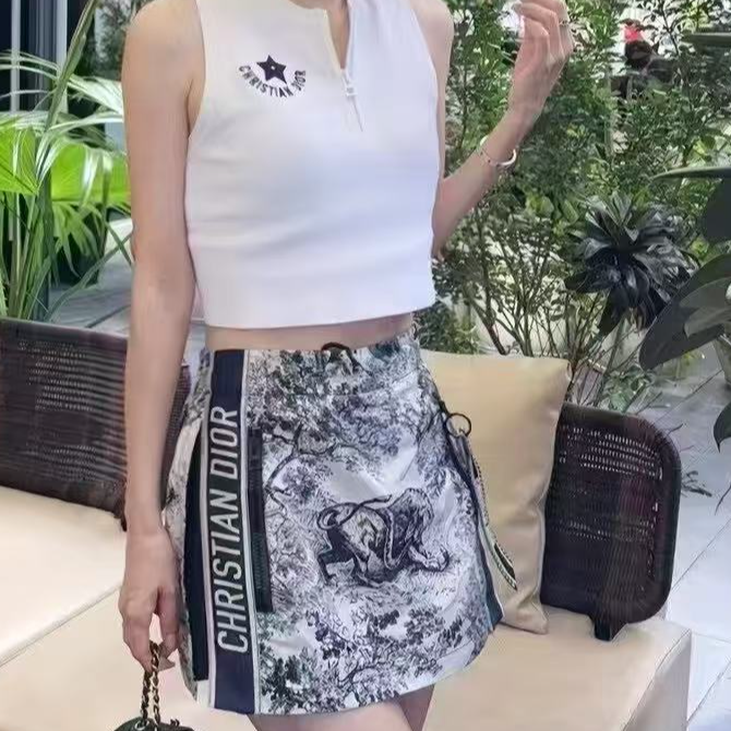 99新 DIOR/迪奥  F34码灰蓝色动物园印花字母logo拉链半身裙