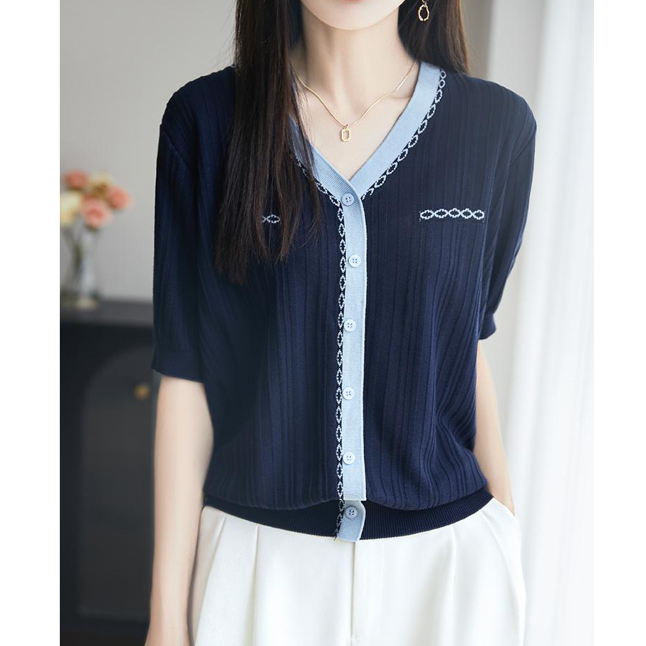 5126【100天丝莱赛尔】小香风v领短袖女新款气质减龄休闲百搭上衣