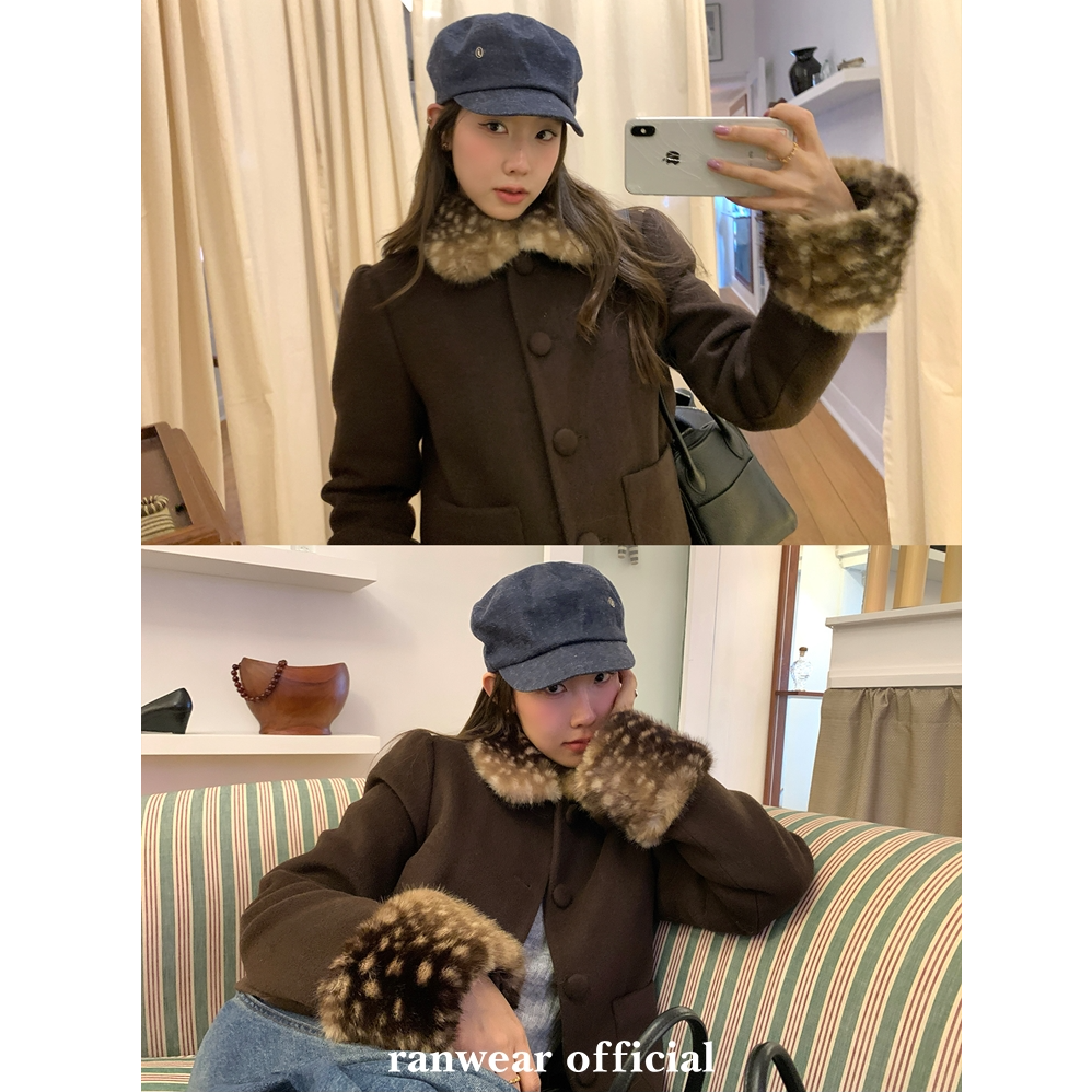 Ranwear'伦敦少女'59绵羊毛中古翻毛领包扣直筒绗棉厚毛呢外套