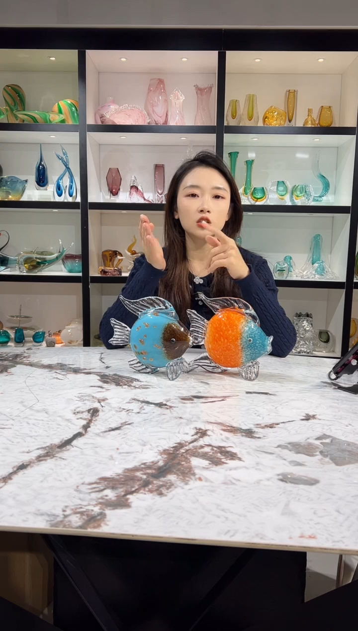 琉璃小鱼摆件一对