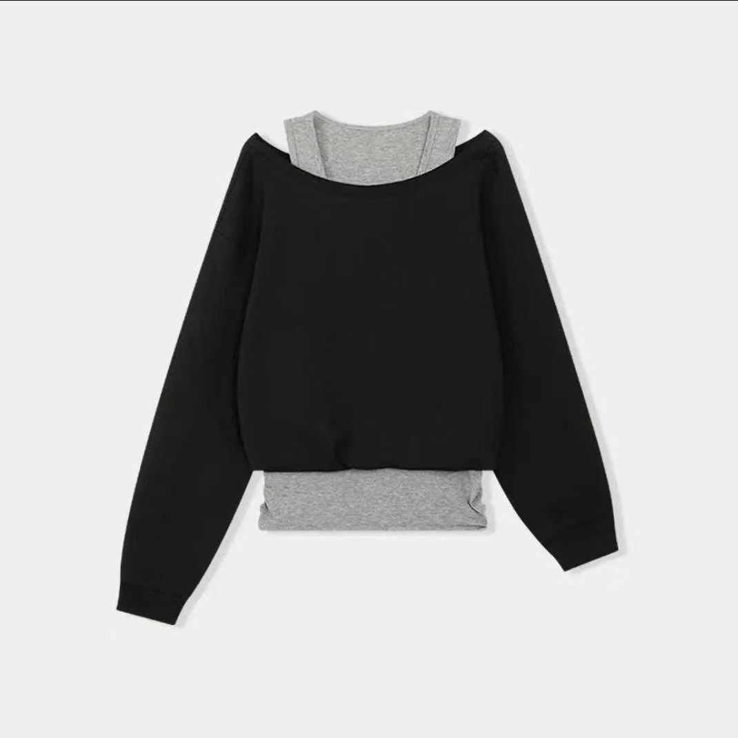 十三行灰色露肩圆领卫衣女春季新款设计感宽松套头假两件长袖上衣