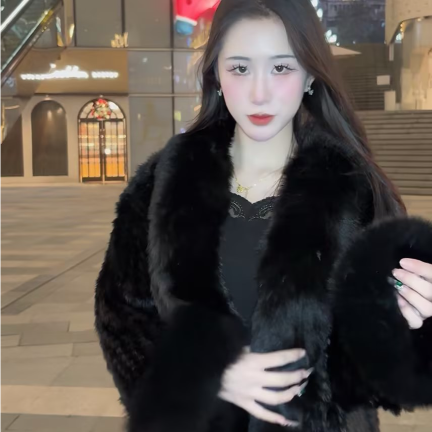 LHMknk1画报夫人原创自制兔毛编织拼接狐狸毛皮草短外套