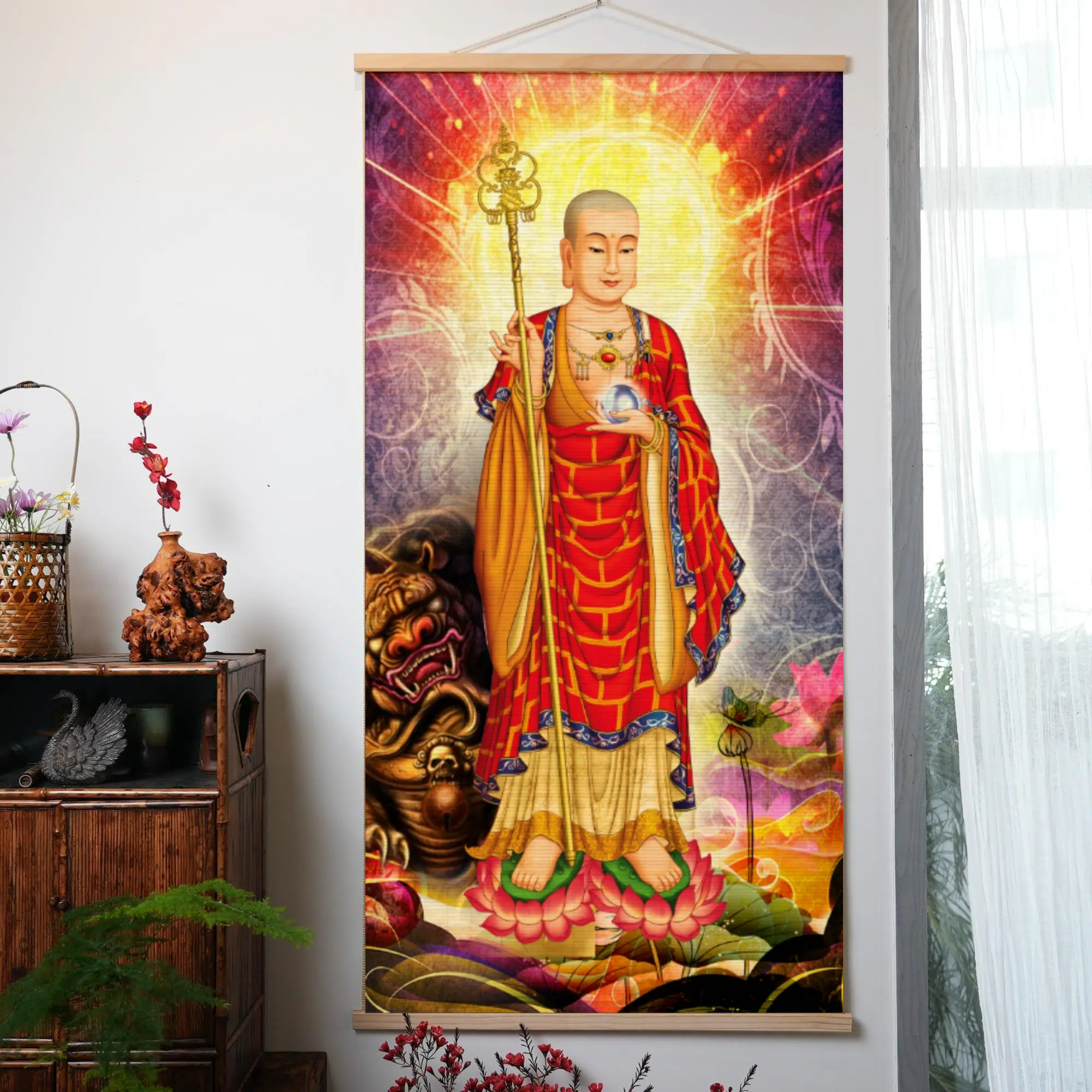 大愿地藏王菩萨手工竹编挂画结缘九华山佛堂供奉佛像画竹帘装饰画