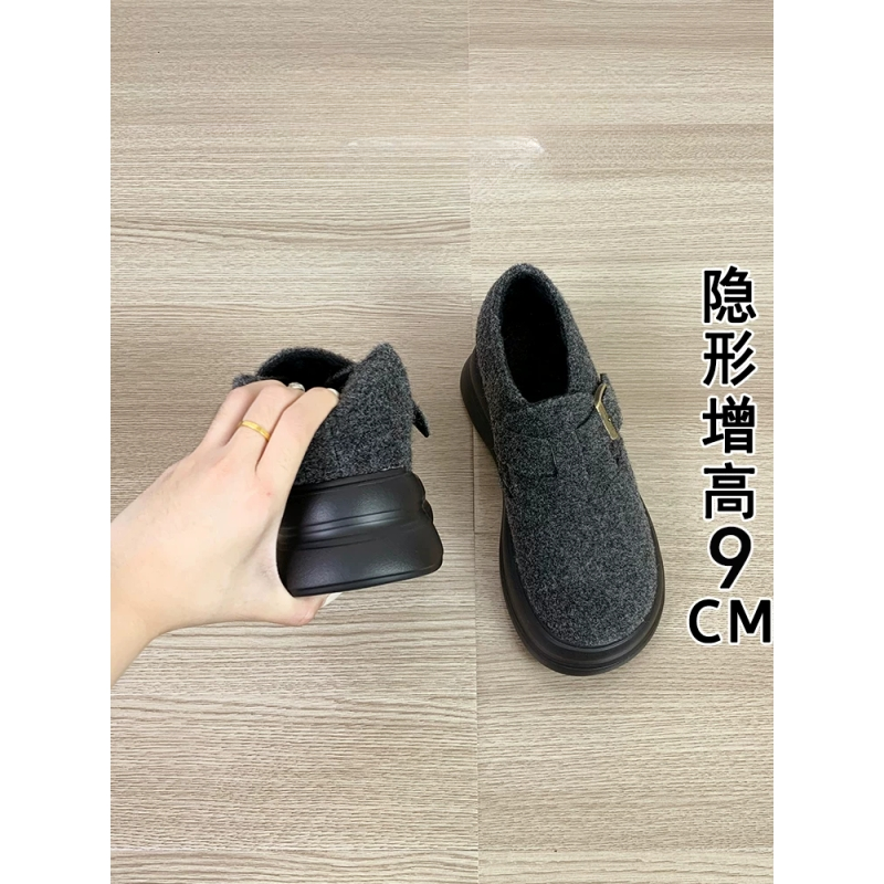 9cm内增高厚底加绒勃肯鞋女冬新款灰色毛呢子一脚蹬全包博肯棉鞋