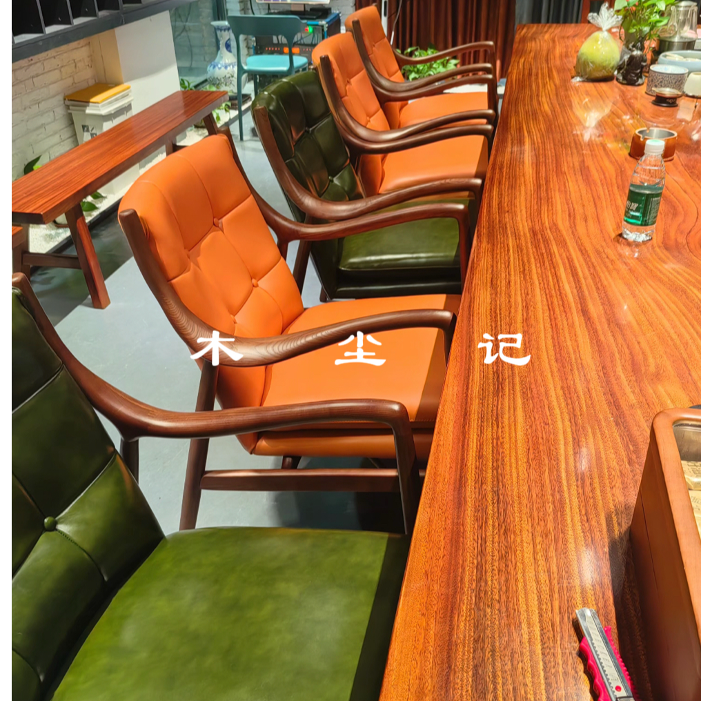 中古风头层牛皮实木45号椅茶室主人椅客人椅阳台客厅办公休闲椅