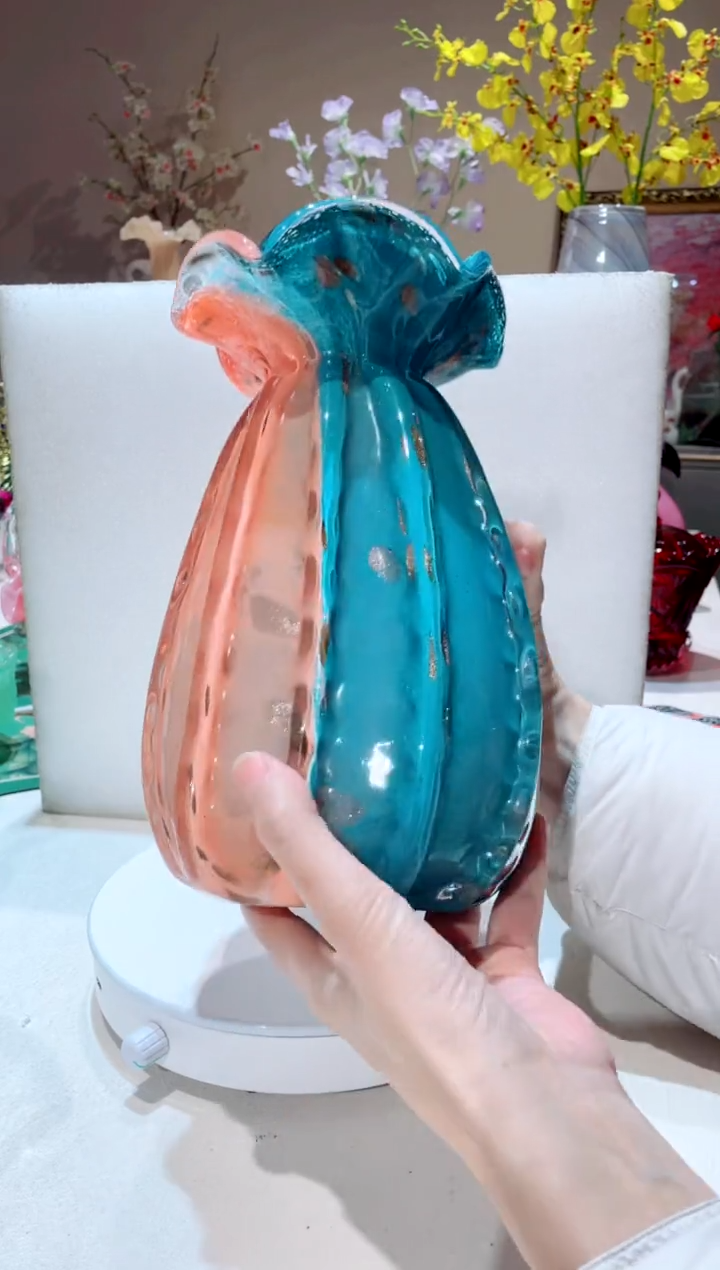 【闪购商品】琉璃手工艺品蓝橙荷包花瓶 微瑕