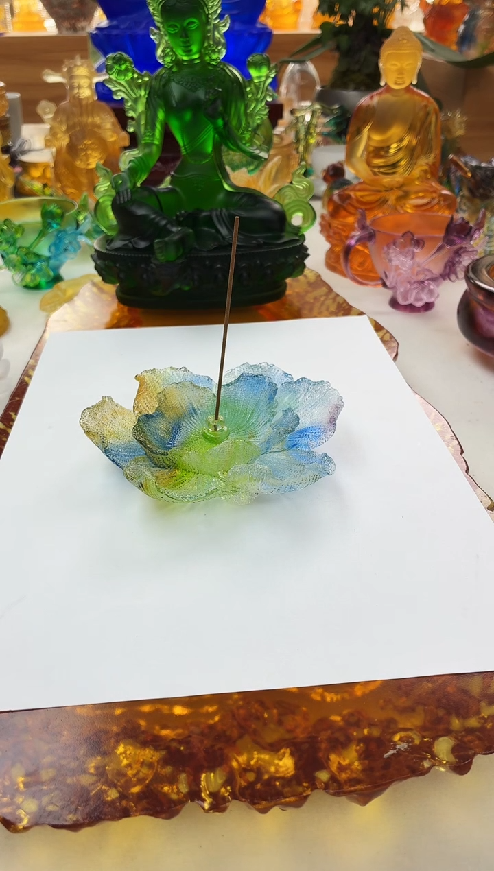 手工艺品琉璃彩色牡丹花线香插12公分