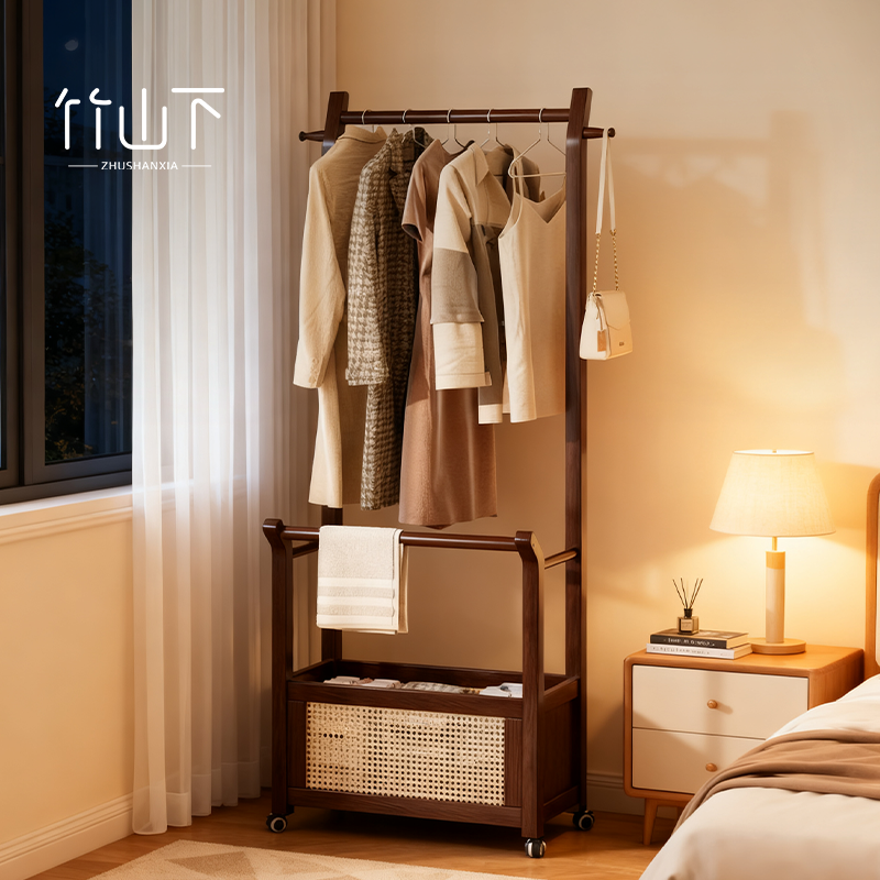 实木衣帽架家用衣架挂衣服落地式卧室多功能可移动带篓收纳置物架
