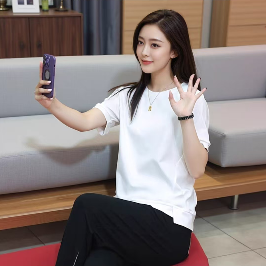 女士夏装新款宽松短袖t恤女圆领纯色显瘦体恤1021【10】