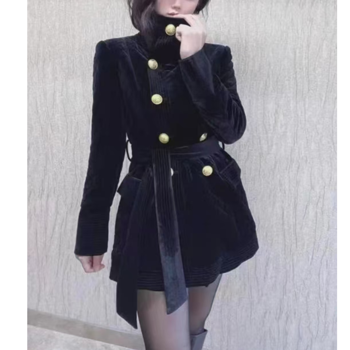 2024秋冬新款立领双排扣系带收腰修身洋气女士外套1203长72