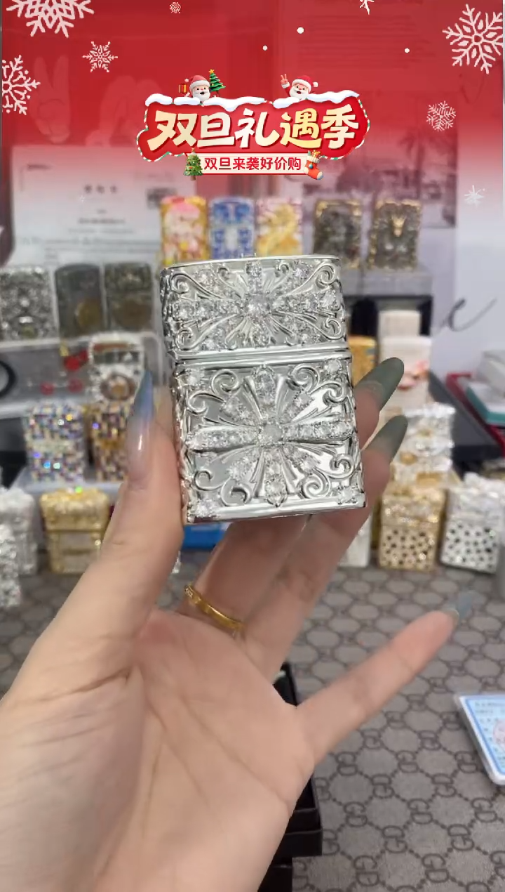 镜面ZIPPO打火机-镀银满钻克罗心-单机