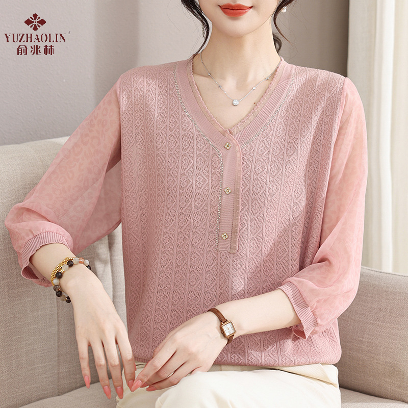 俞兆林妈妈装春夏季薄款打底时尚中老年新款春秋针织V领小衫上衣商品图