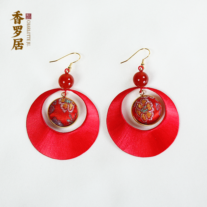 合金真丝耳饰 【丝语】香罗居中式复古非遗缠花蜀锦真丝国风耳环