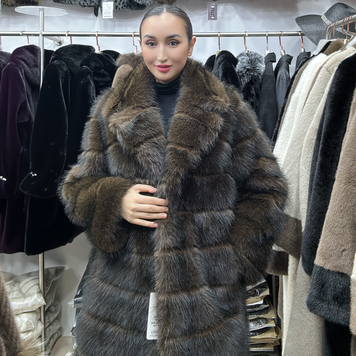 人造皮草 设计师气质翻领毛领秋冬人造皮草中长款