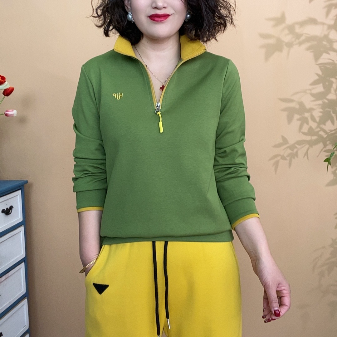 气质春秋时尚休闲长袖宽松立领拉链百搭运动小衫066