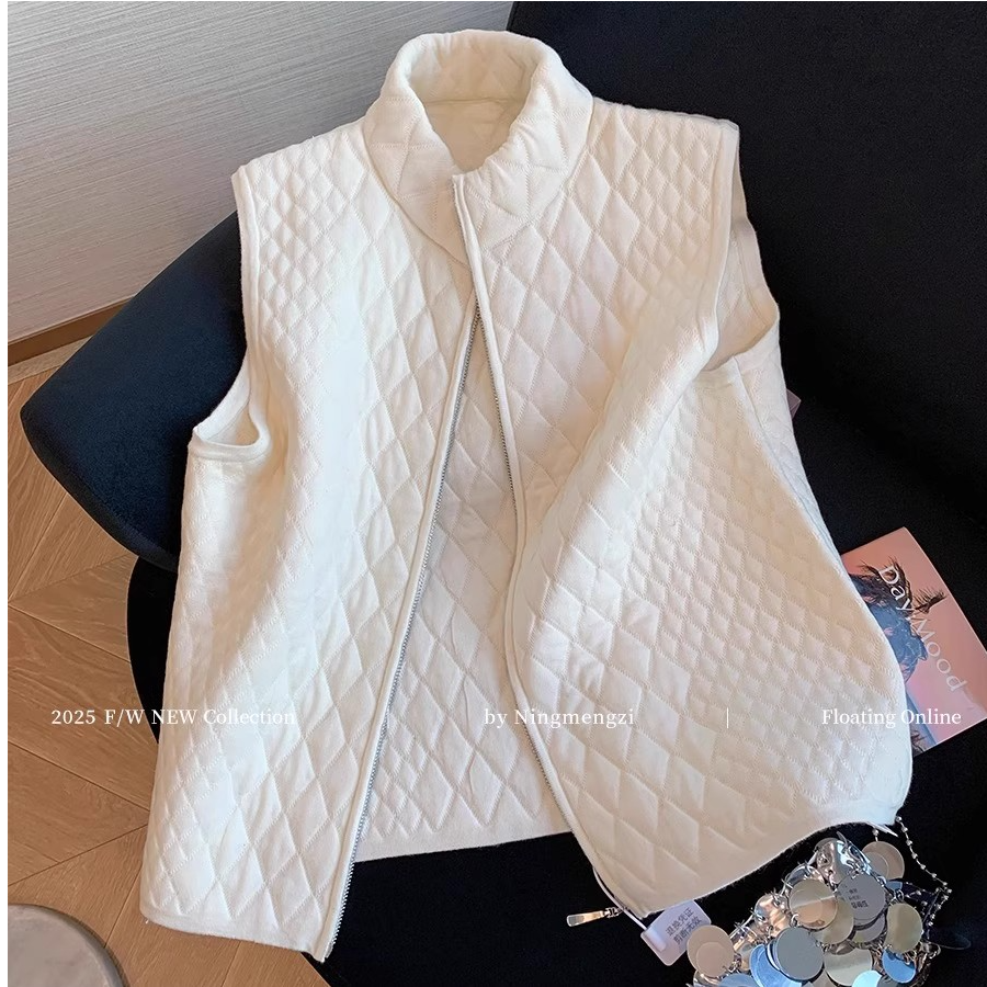 老钱风白色立领菱格马甲女2025秋冬新款高级简约气质坎肩背心上衣