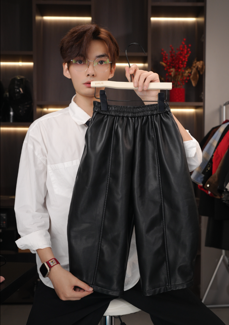 【弯刀加绒皮裤】2025上新季皮裤直角裤加绒阔脚休闲裤高级黑色高定