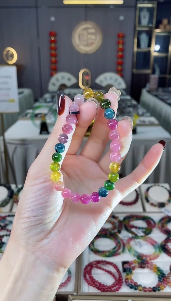 未镶嵌老矿彩虹碧玺单圈手串7mm+碧玺dan多样性发货一条