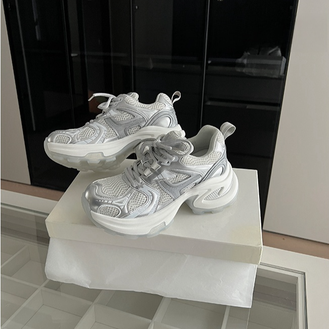 牛皮版~巴黎旧刊~7.5CM银白色增高厚底运动休闲鞋老爹鞋2025爆款