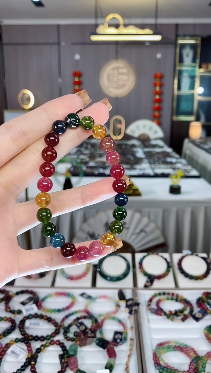 老矿碧玺色标彩虹透体单圈手串8mm+未镶嵌碧玺dan多样性发货一条