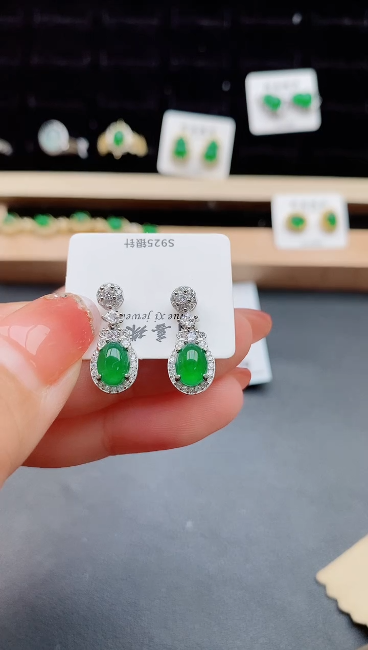 【闪购商品】翡翠耳饰银S925镶嵌454545