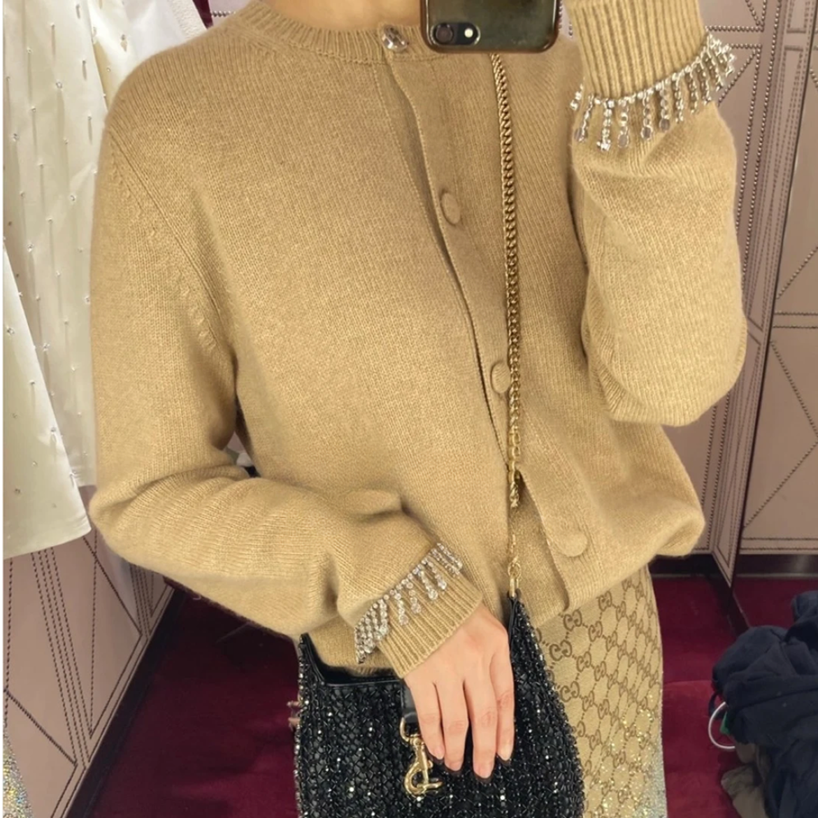 未使用 GUCCI/古驰 25ss袖口水钻针织开衫 棕色/M